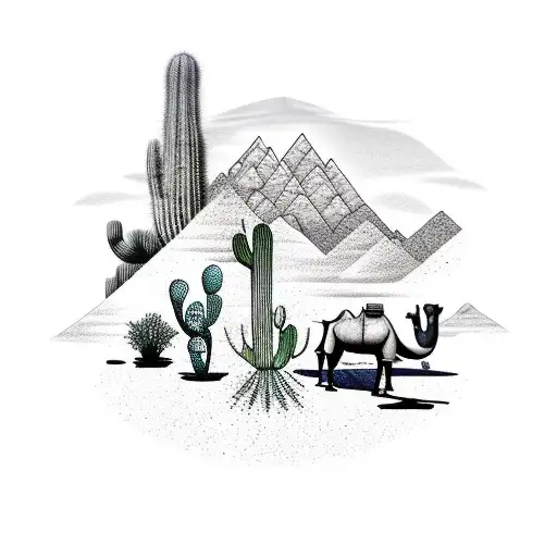Cactus And Camels Reaching The Mountains And Trees With Time Sand