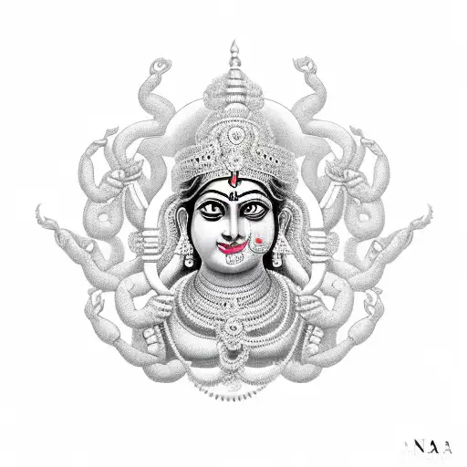 A Minimalist Black And Grey Portrait Of Maa Durga With Her Multiple Arms