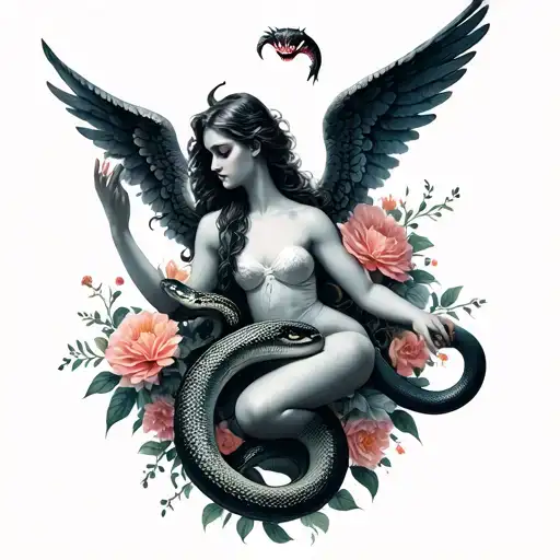 Woman Angel Fighting Snake That Is Devil Sourounded By Flowers