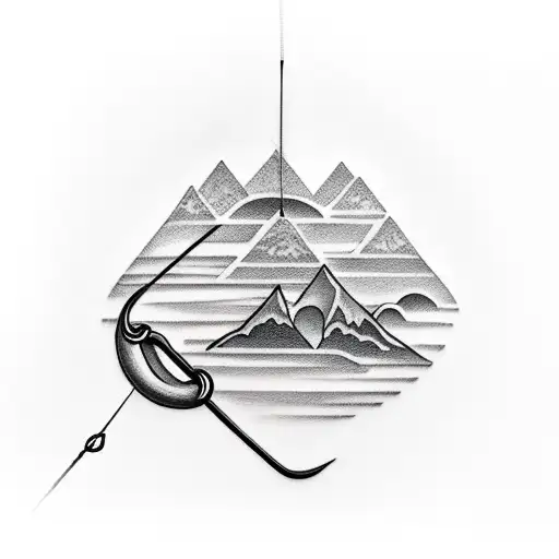 A Minimalist Tattoo Of A Mountain Range With A Fishing Line And Hook Hanging From It