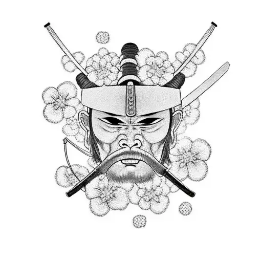 Samurai With 3 Swords And Cherry Blossoms