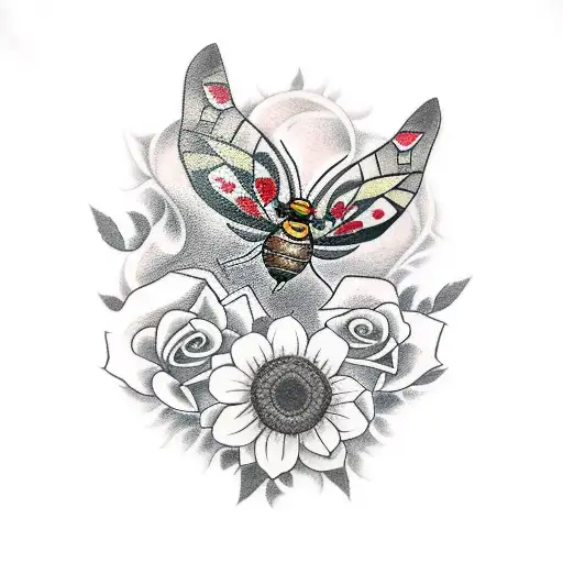 Create A Tattoo Design Featuring A Moth Surrounded By Roses And Sunflowers