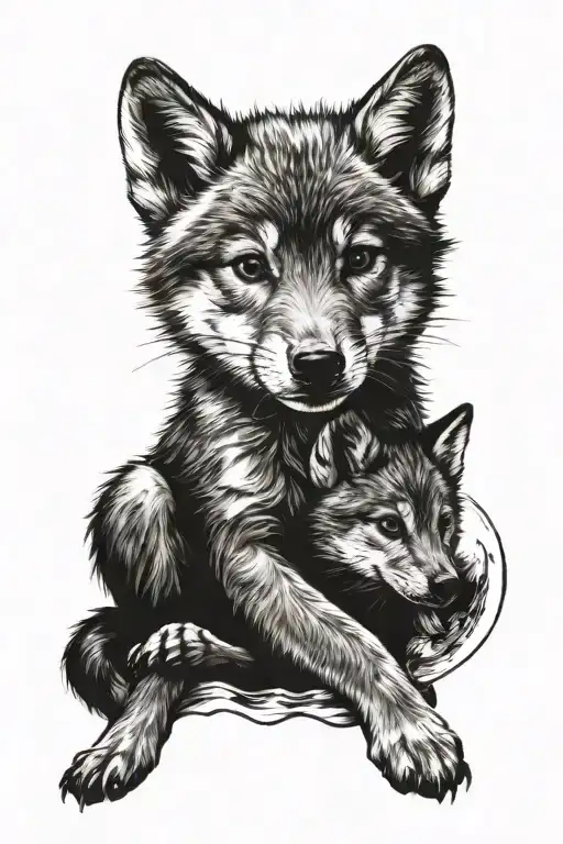 Wolf Cub With Moon Merging Together