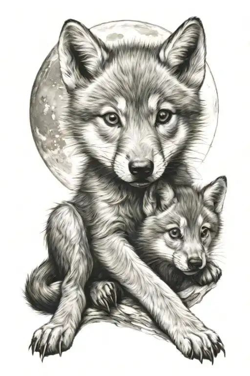 Wolf Cub With Moon Merging Together Symbolizing