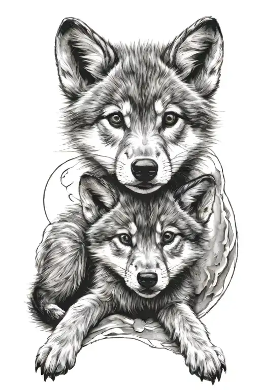 Wolf Cub With Moon Merging Together Symbolizing