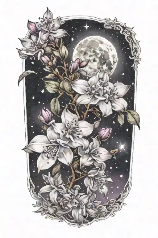 Black And Gray Soft Shading Lilac Blooms And A Night Sky Constellation