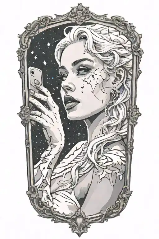Blonde Femme Woman Looking In Antique Mirror With Constellation Background