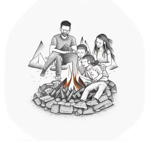 A Realistic Portrait Of Your Wife And Kids Sitting Around A Campfire In The Mountains