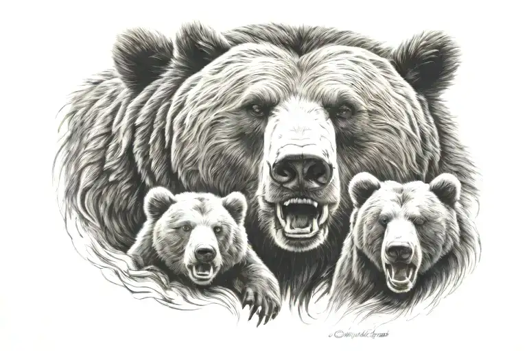 Angry Grizzly Bear Head With Two Cubs Playing