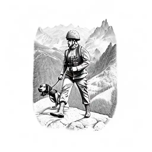 A Soldier Climbing A Mountain With A Dachshund By His Side