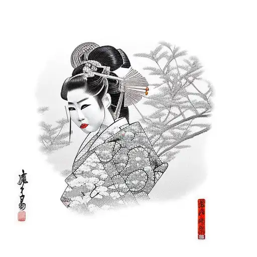 Geisha Wearing A Traditional Kimono With Tied Hair With A Japanese Temple Background