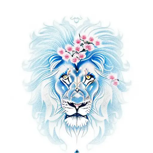 Lion With Blue Eyes And Cherry Blossom