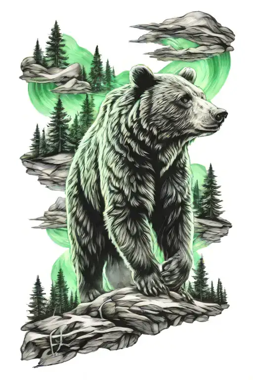 Mama Bear Surrounded By Forest Northern Lights