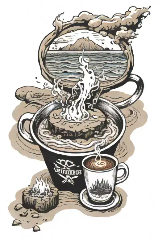 A Beach Scene With A Coffee Cup In The Sand And Waves Crashing Against A Campfire Pit