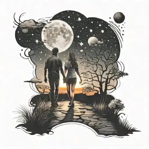 Couple Walk To Sunset Sky Filled With Constellations