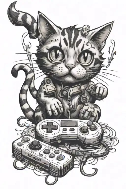 Cartoon Cat Playing Video Game Controller