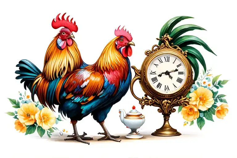 Rooster And Tea Set And Antique Clock