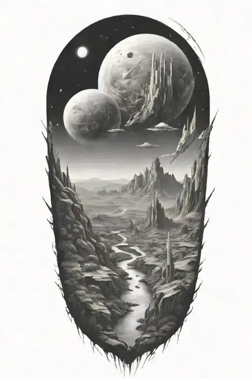 Futuristic Landscape In Space In Black And White