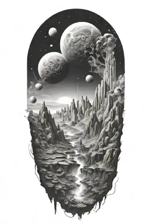 Futuristic Landscape In Space In Black And White