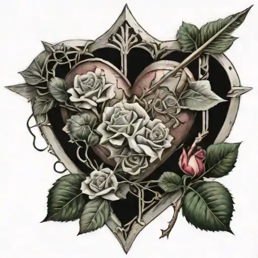 An Arrow Passing Through A Heart Surrounded By Roses And Thorns