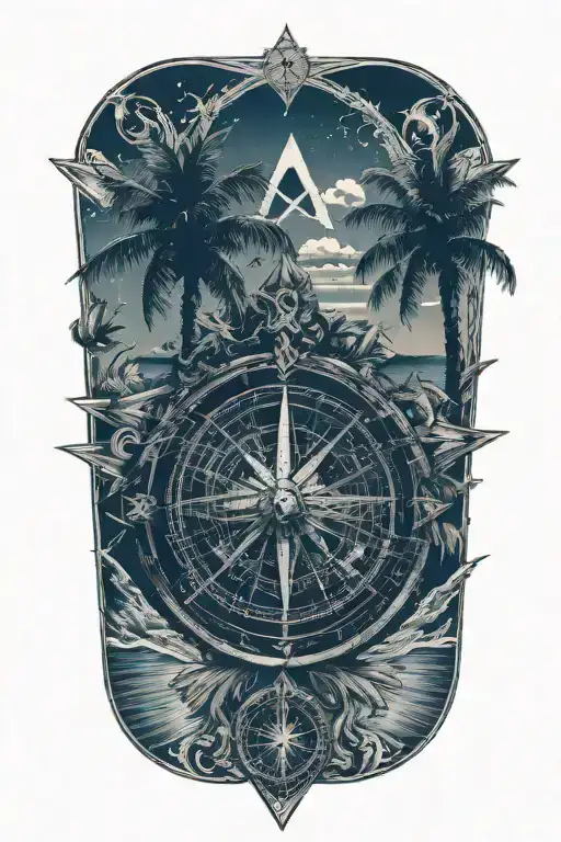 Compass And Palm Trees And Sea Waves With Triangles