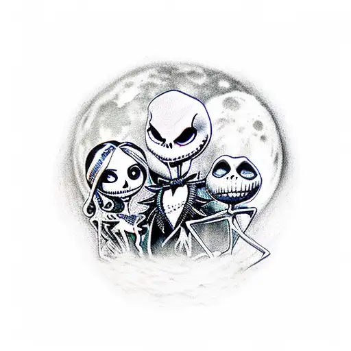 Jack Skellington And Sally Holding Hands In Front Of A Full Moon