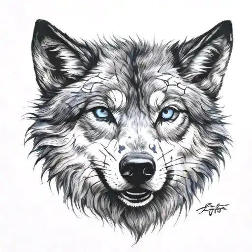 Tattoo Of A Wolf With Blue Eyes And A Scar Around His Eyes