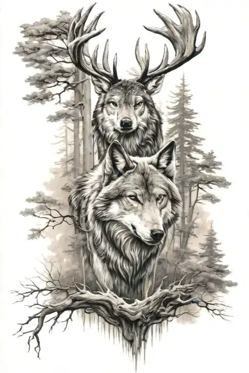 Buck And Wolf In The Woods Half Sleeve