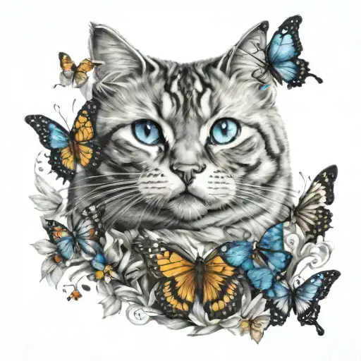 A Fat Thai Cat With Wings And Blue Eyes Surrounded By Butterflies