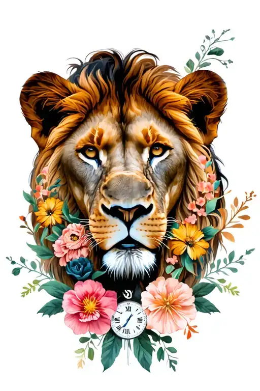 Lion And Lioness With Floral Pieces And Clock Face With Time