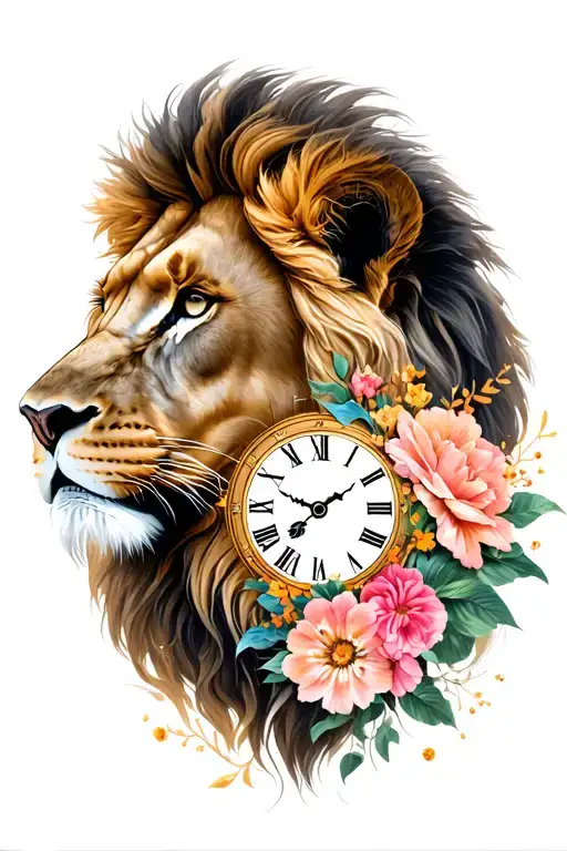 Half Lion Half Lioness With Floral Pieces And Clock Face With Time No Colour