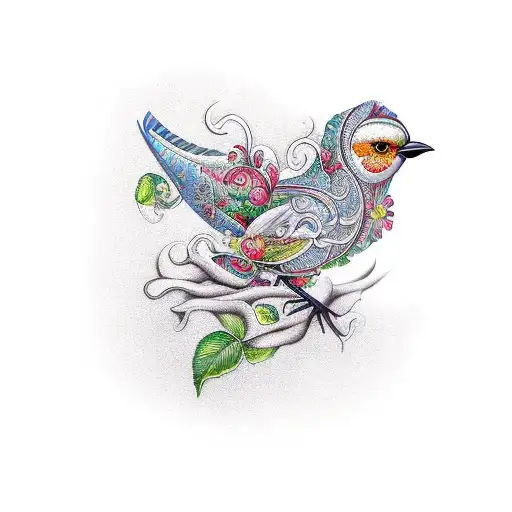 A New-school Design Featuring A Whimsical Bird With Intricate Botanical Patterns