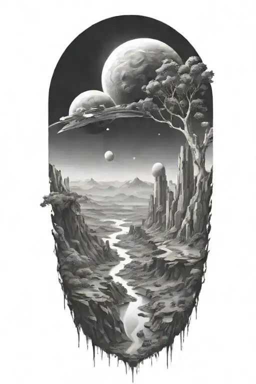 Futuristic Landscape In Space In Black And White