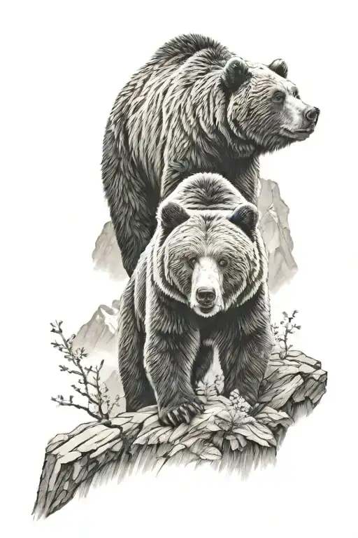 Grizzly Bear Surrounded By Mountain Range With Creek And Weeping Cherry Tree