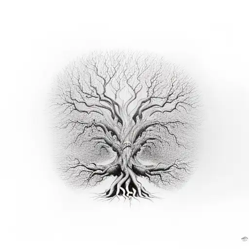 A Man Entering The Pillar Of Light In The Roots Of A Big Tree That Has Space And Skull As A Crown