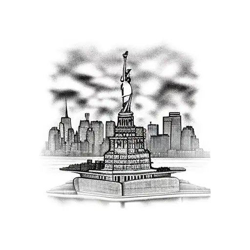 New York City Skyline With The Statue Of Liberty In The Forefront