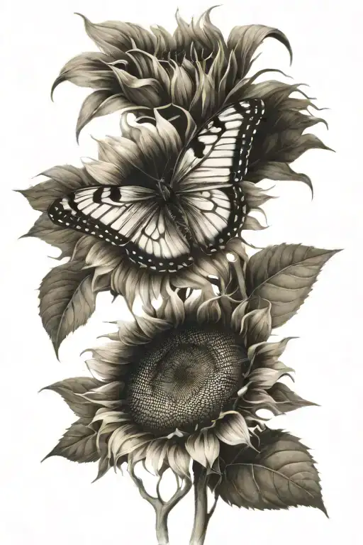 Sunflower And A Butterfly Flying