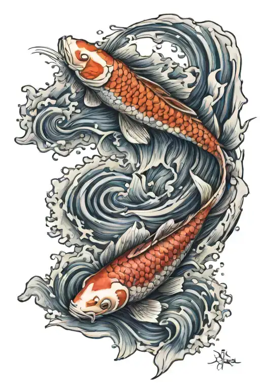 Two Koi Fish With Waves