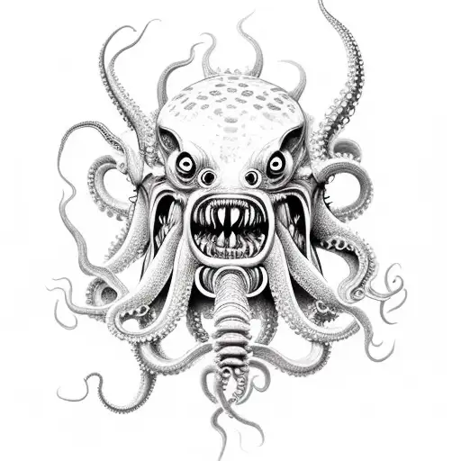 Sureal Octopus Demon With Ripped Lower Jaw With Sharp Fangs And Many Creepy Teeth