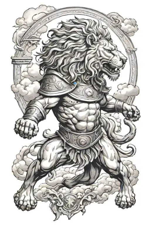 Roman Gladiator Fighting Lion Surrounded By Clouds And Colosseum