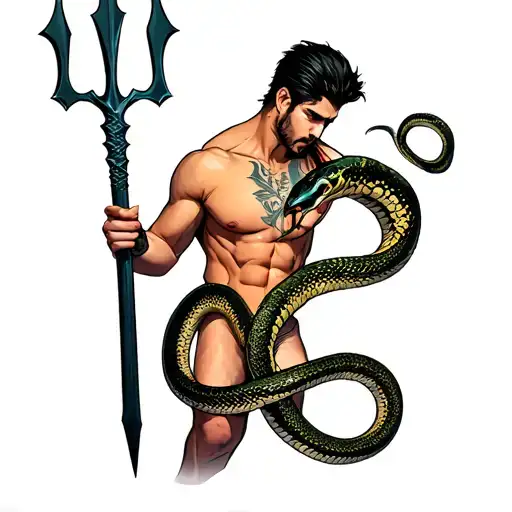 Male With Snake Body Holding A Trident Tattoo Design Featuring