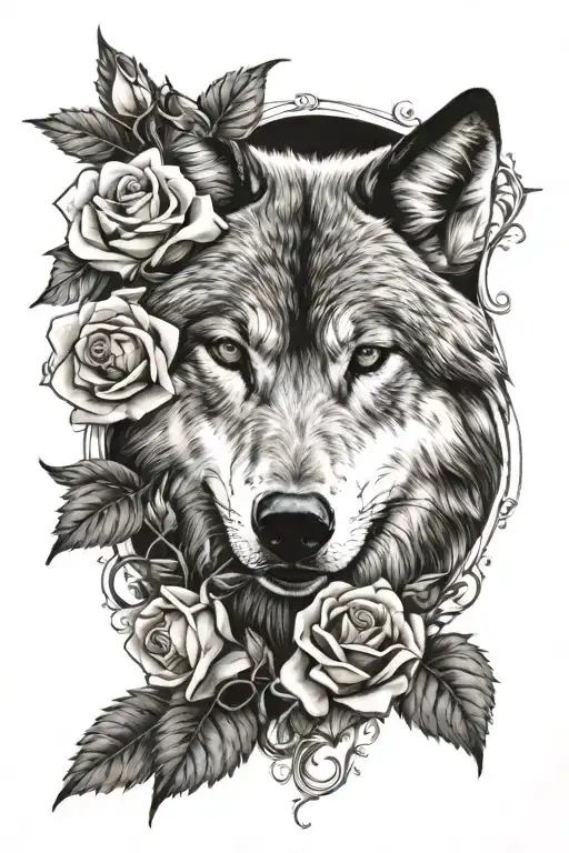 Wolf And Roses Intertwined