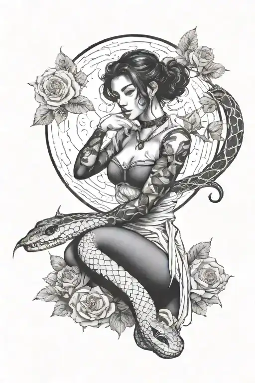 A Girl Sitting Under A Night Of Full Moon Surrounded By Bushes Of Roses And Snake