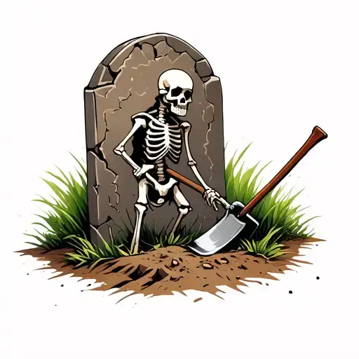 A Skeleton Digging With A Showel At A Grave Site With A Cracked Tombstone