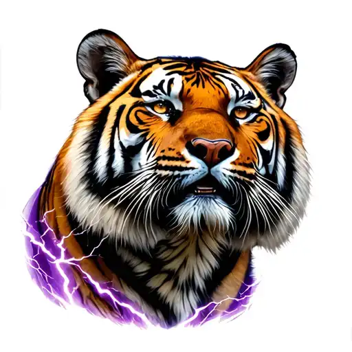 Tiger By Mountain Looking Up At Lightning Bolt