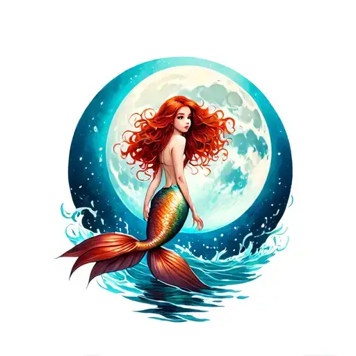 Red Hair Mermaid Moon Back Long Tail
