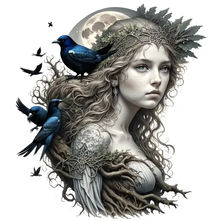 The Morrigan Irish Goddess With Crows An Old Oak Tree Growing And Bright Moonlight