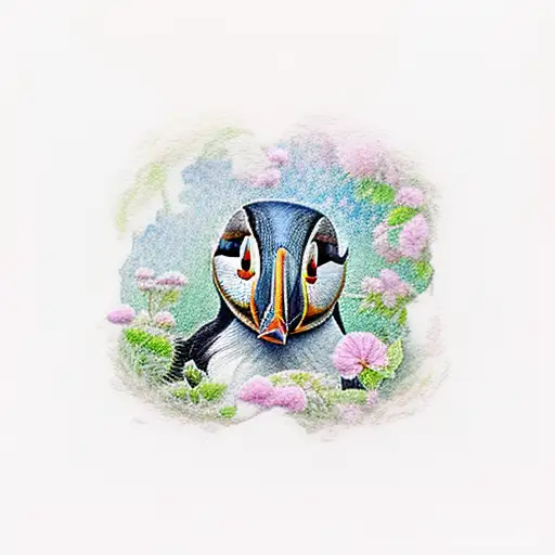 Realist Puffin With Watercolor Bacground