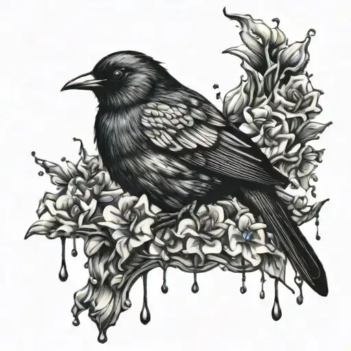 Black Bird Sitting On Dripping Jewels And Flowers