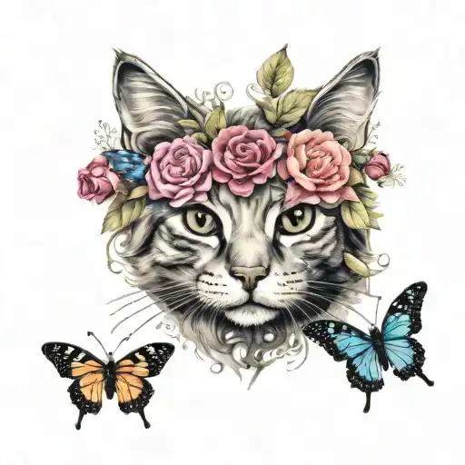 Cat With Flowers And Butterflies